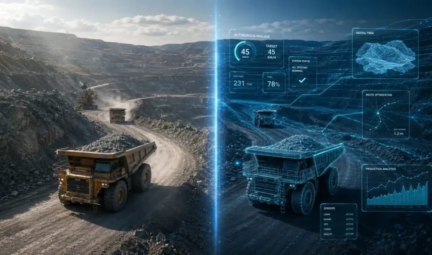 Operação de mineração monitorada por sensores, com sobreposição gráfica de rotas e pontos de dados.